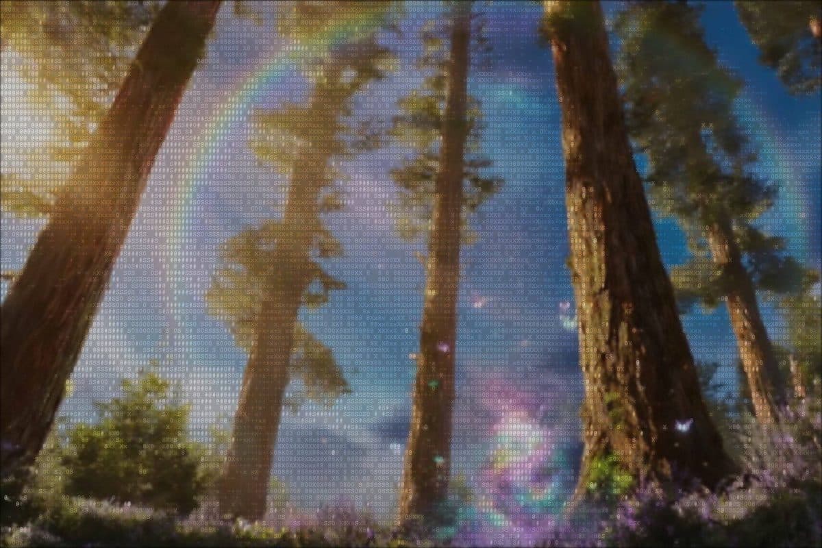 Tall forest trees seen through a hazy screen of glitching characters